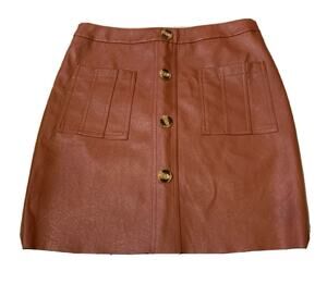Womens Mini Skirt Size Small Brown Faux Leather Moto Zipper Pockets Raw Hem 70s